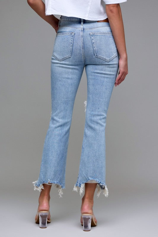 Medium Wash Knee Distressed Frayed Cropped Flare Jeans – Hidden Jeans