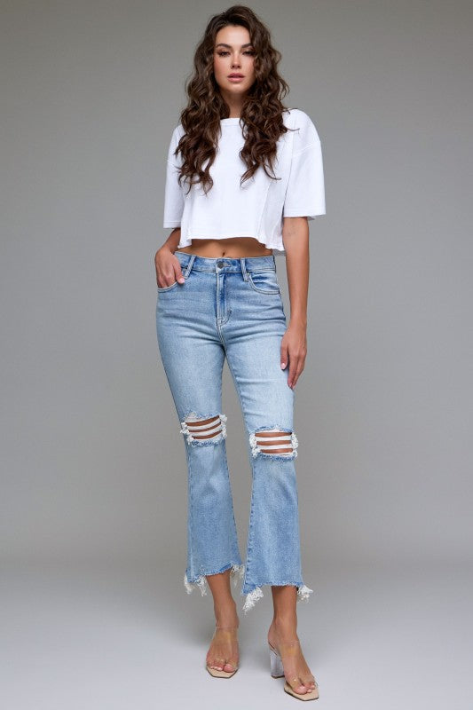 Medium Wash Knee Distressed Frayed Cropped Flare Jeans – Hidden Jeans