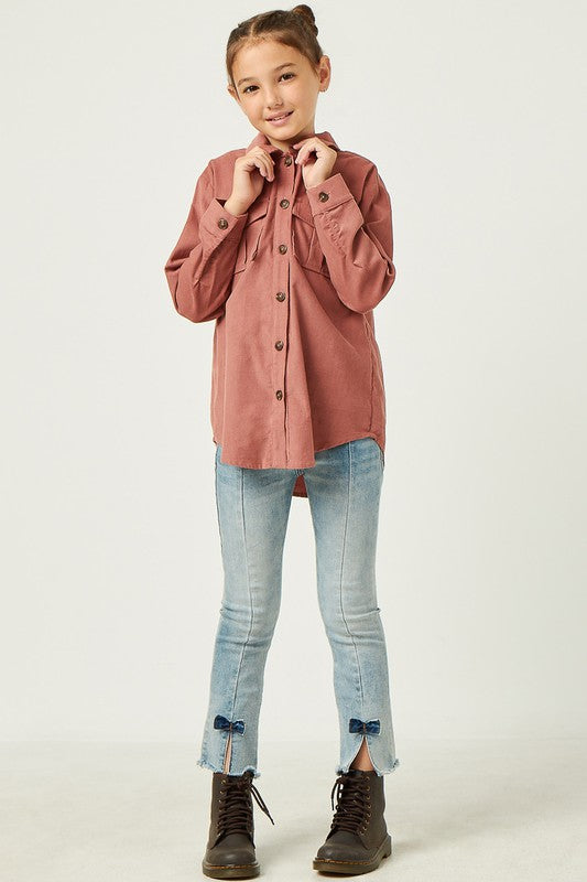 Girls Corduroy Patch Pocket Button Up Shirt