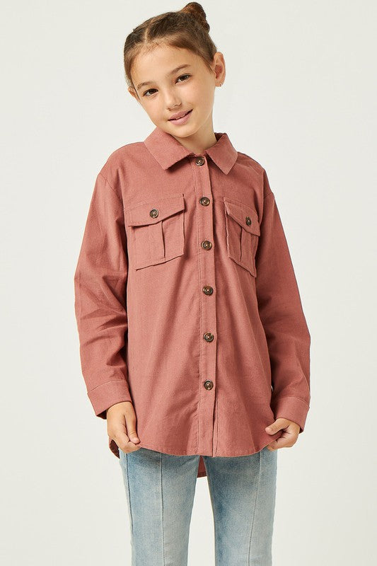 Girls Corduroy Patch Pocket Button Up Shirt