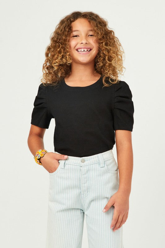 Girls Ribbed Pleated Shoulder Puff Sleeve Top