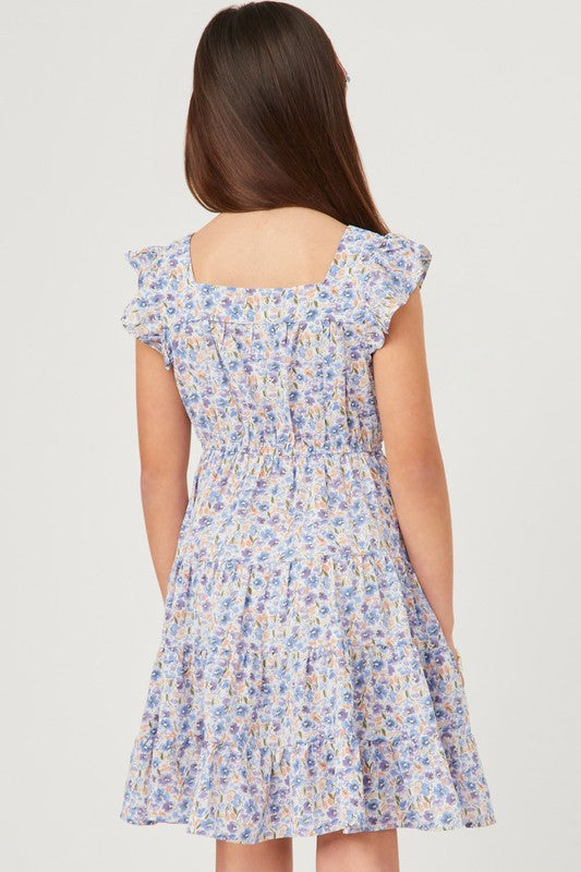 Floral Print Square Neck Ruffle Shoulder Dress