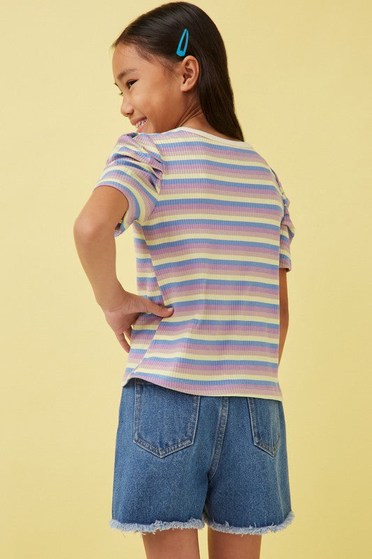Girls Multi Color Stripe Ribbed Knit Puff Shoulder Top