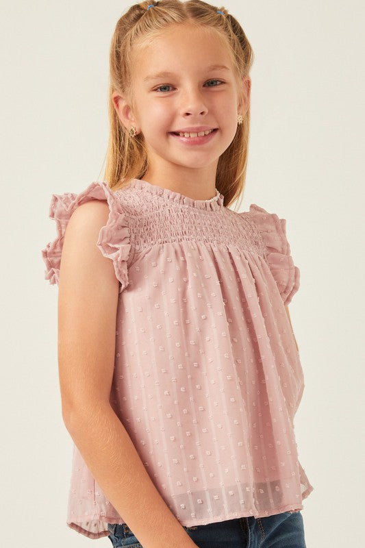 Girls Ruffled Sleeve Smocked Swiss Dot Tank