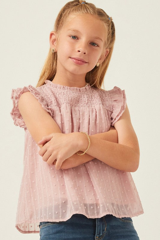 Girls Ruffled Sleeve Smocked Swiss Dot Tank