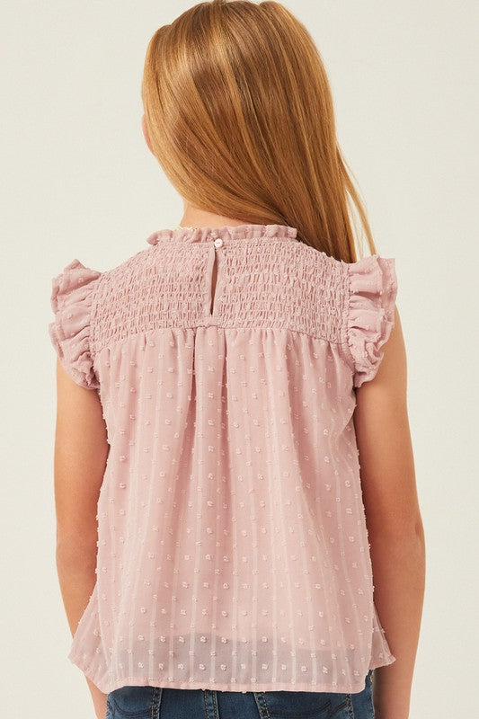 Girls Ruffled Sleeve Smocked Swiss Dot Tank