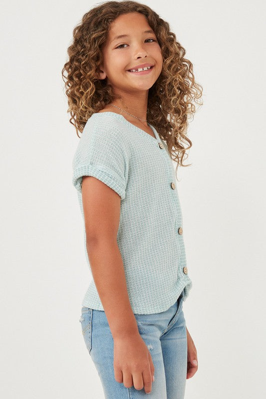 Girls Textured Knit Buttoned Twist Front Top