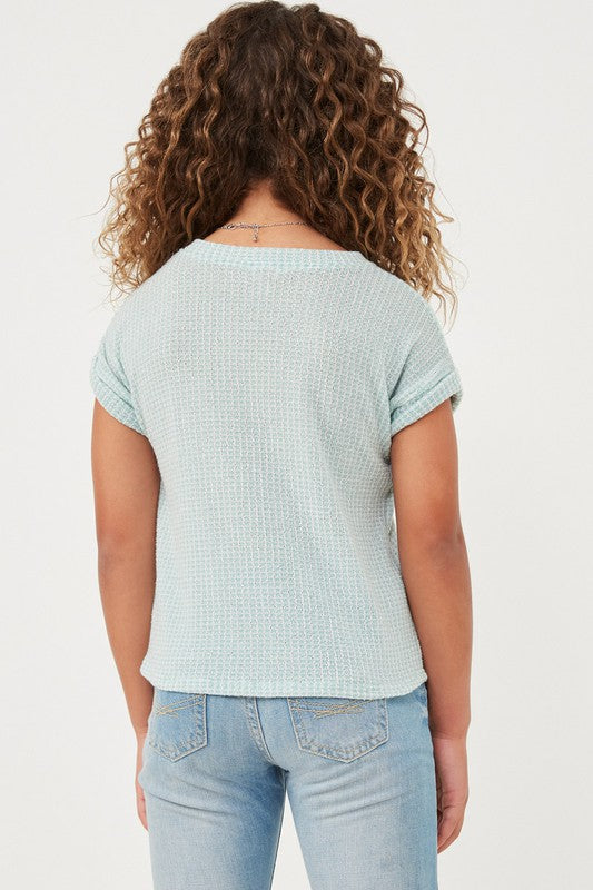 Girls Textured Knit Buttoned Twist Front Top