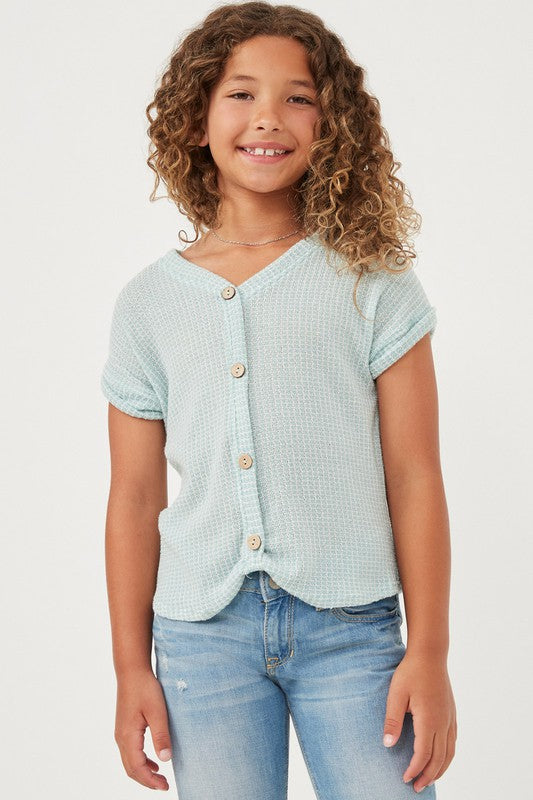 Girls Textured Knit Buttoned Twist Front Top