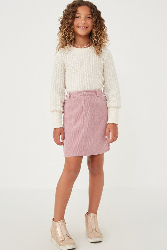 Girls Long Cuff Cable Knit Pullover Top