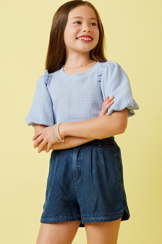 Girls Crinkled Puff Sleeve Knit Top