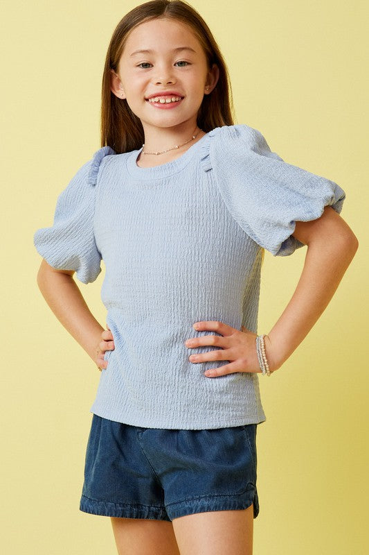 Girls Crinkled Puff Sleeve Knit Top