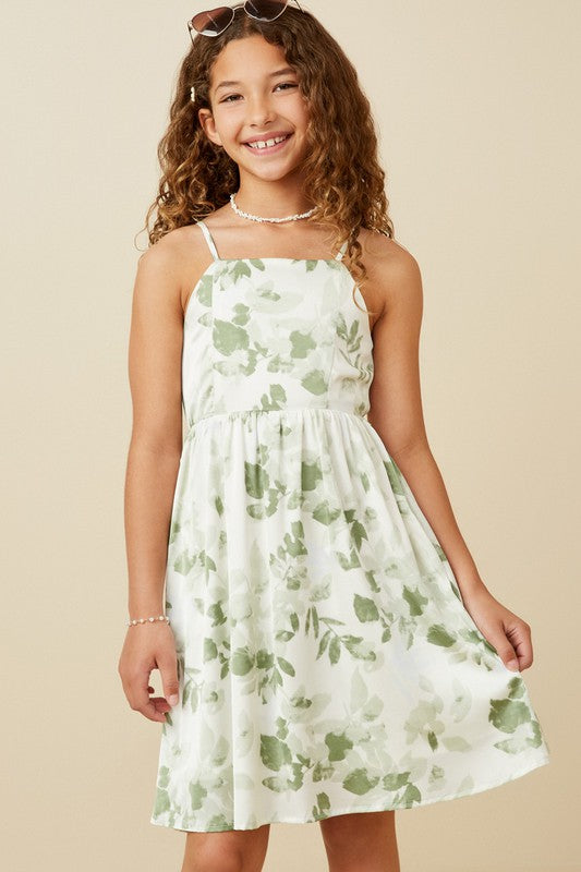 Girls Satin Floral Smocked Back Tank Dress