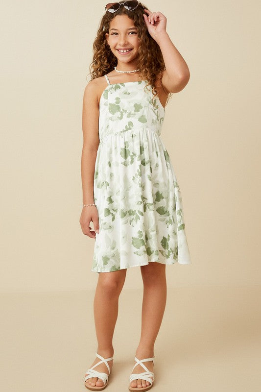 Girls Satin Floral Smocked Back Tank Dress