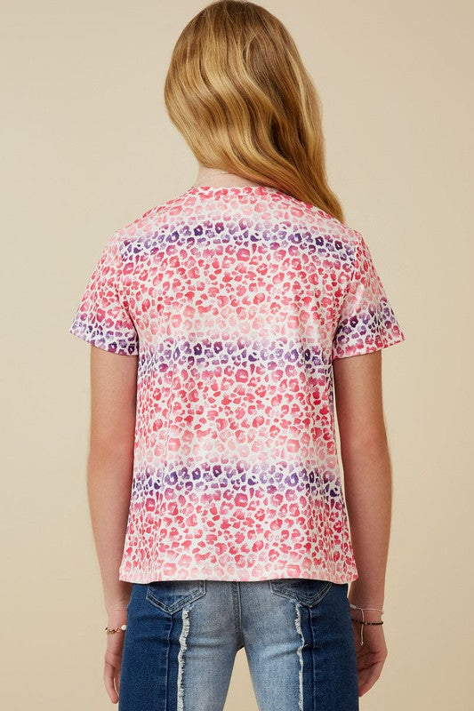Girls Gradient Leopard Print Ribbed Knit T Shirt