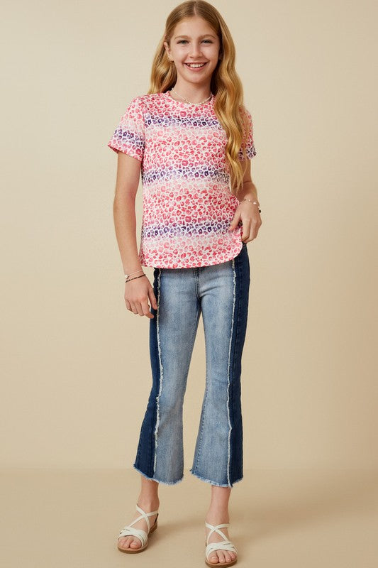 Girls Gradient Leopard Print Ribbed Knit T Shirt