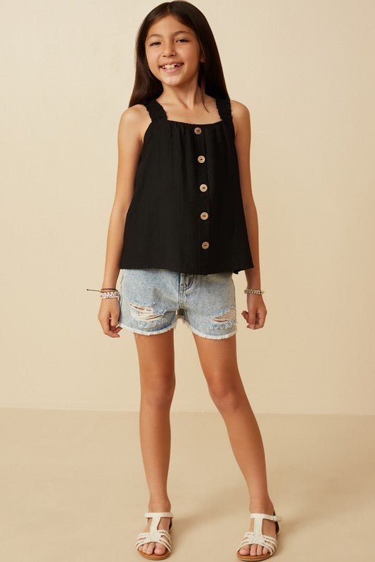 Girls Button Detail Ruffle Strap Tank