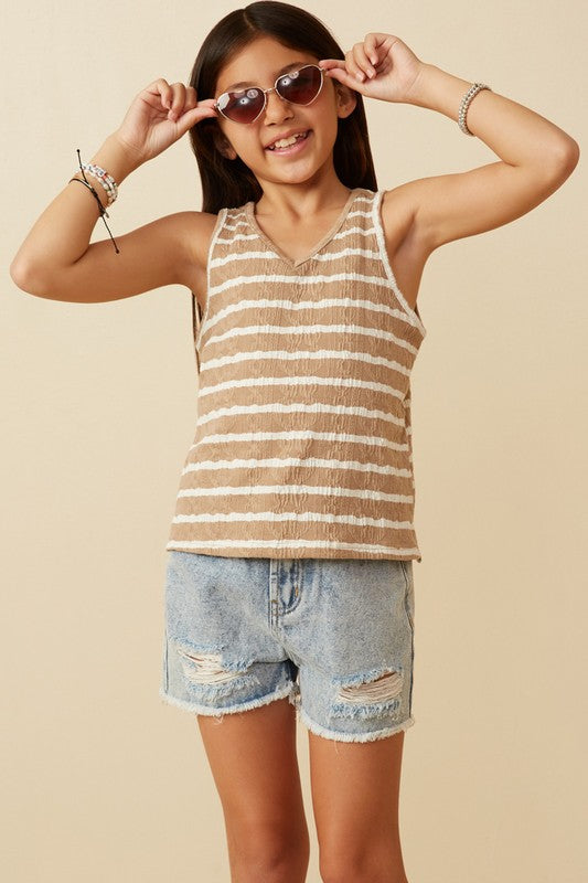 Girls Cable Textured Striped Knit V Neck Tank