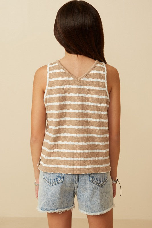 Girls Cable Textured Striped Knit V Neck Tank