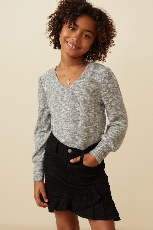 Girls Textured V Neck Speckled Rib Knit Top