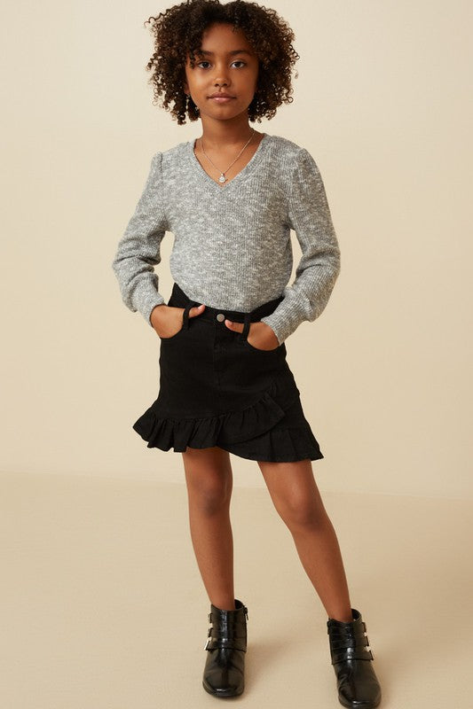 Girls Textured V Neck Speckled Rib Knit Top