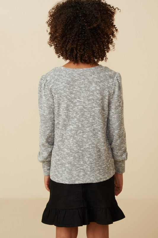 Girls Textured V Neck Speckled Rib Knit Top