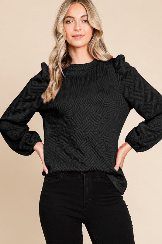Textured Knit Puffed Long Sleeve Top
