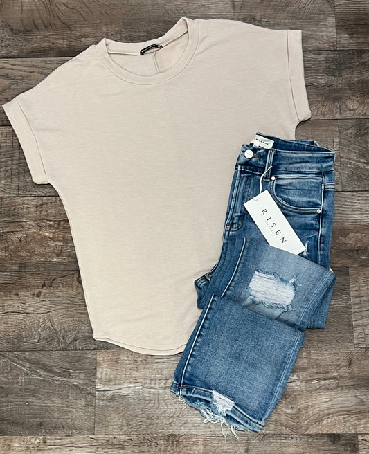 Taupe Rolled Sleeve Tee – Soft Neutral Everyday Staple