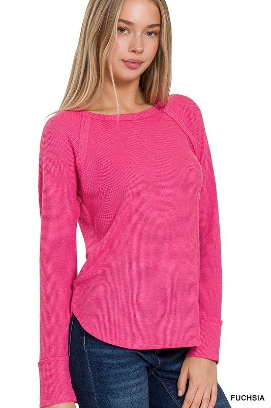 Fuchsia Waffle-Knit Long-Sleeve Top