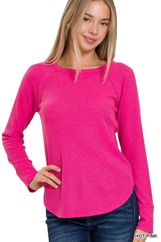 Hot Pink Waffle-Knit Long-Sleeve Top