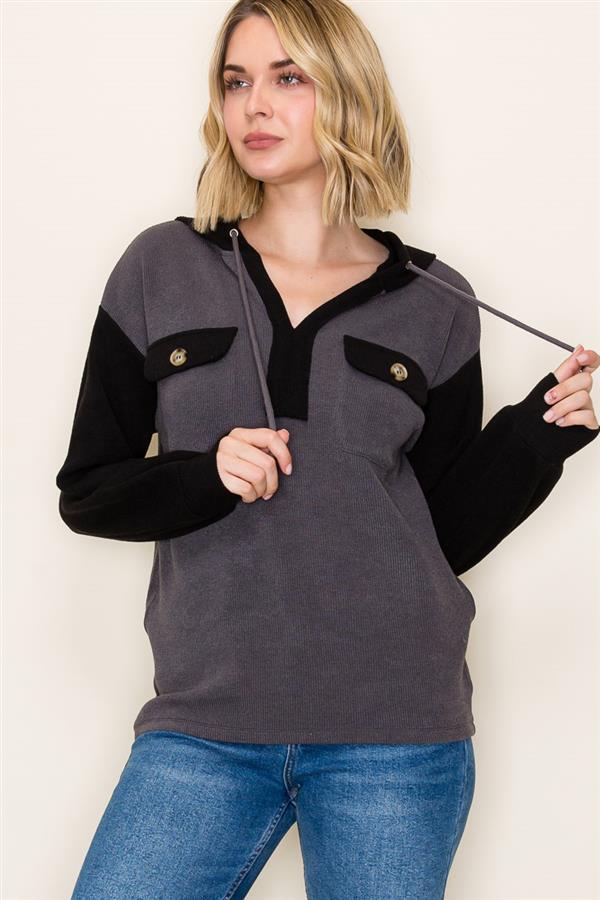 Black Grey Utility Hoodie – Colorblock Pullover Top