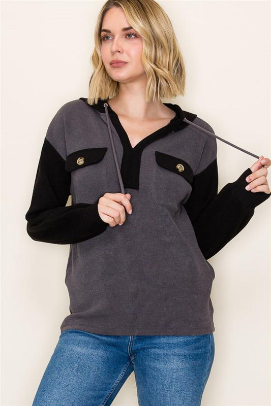 Black Grey Utility Hoodie – Colorblock Pullover Top