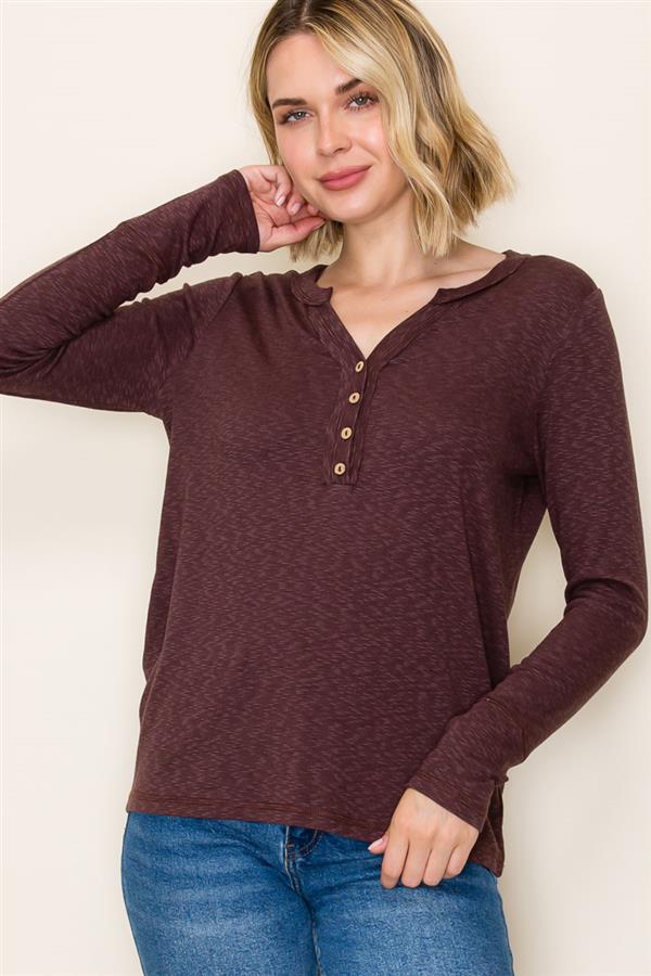 Dark Brown Henley Top – Casual Button Front Tee