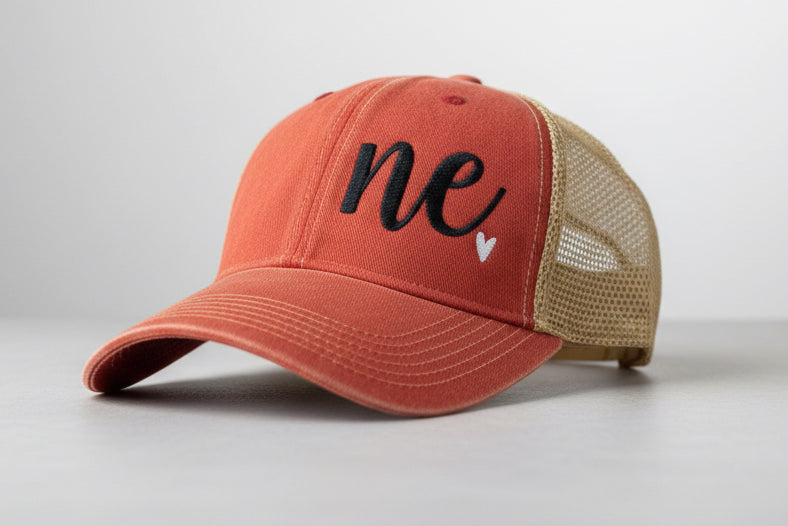 Custom State Abbreviation with Heart Ladies Hat: Red/Khaki