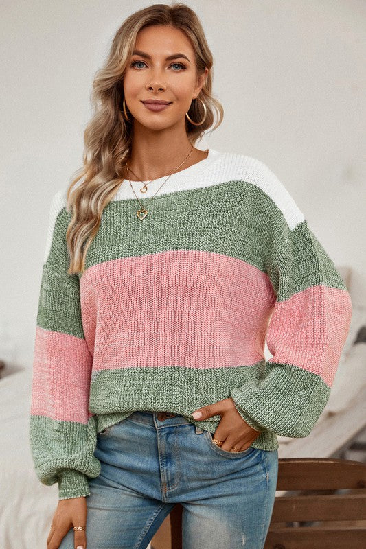 Colorblock Drop Shoulder Pullover Loose Sweater