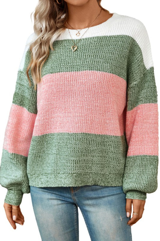 Colorblock Drop Shoulder Pullover Loose Sweater