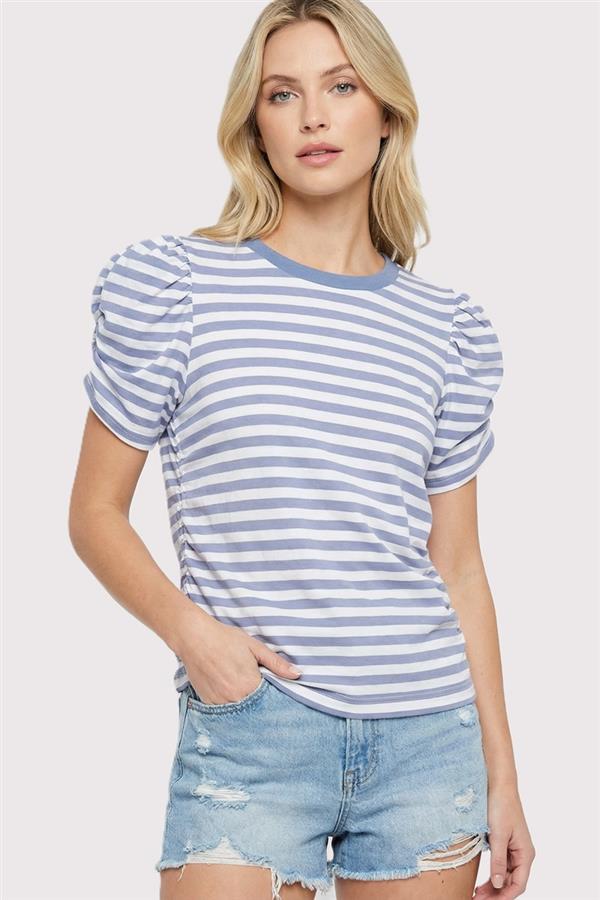 Slate Blue Striped Puff Sleeve Crew Neck Top