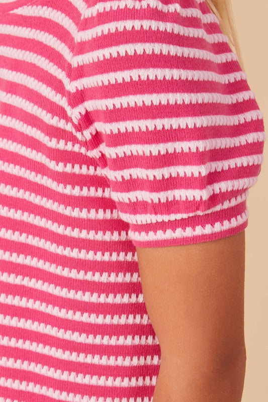 Girls Textured Stripe Puff Sleeve Knit Top