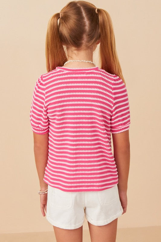 Girls Textured Stripe Puff Sleeve Knit Top