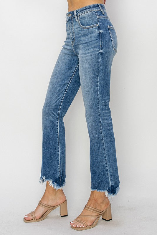 Risen High Rise Crop Flare Frayed Hem Jeans