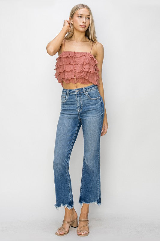 Risen High Rise Crop Flare Frayed Hem Jeans