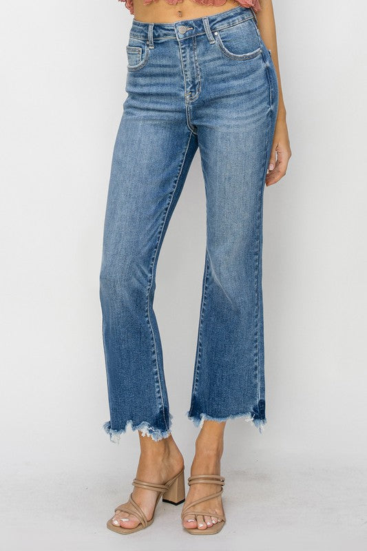 Risen High Rise Crop Flare Frayed Hem Jeans