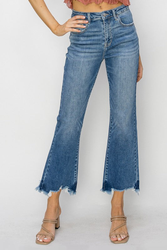 Risen High Rise Crop Flare Frayed Hem Jeans