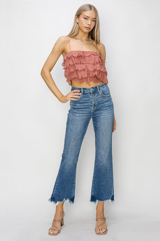 Risen High Rise Crop Flare Frayed Hem Jeans