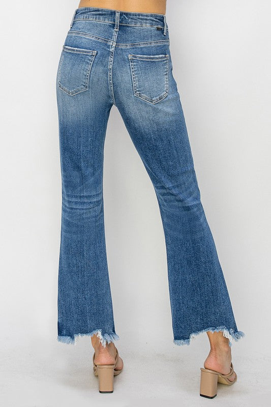 Risen High Rise Crop Flare Frayed Hem Jeans