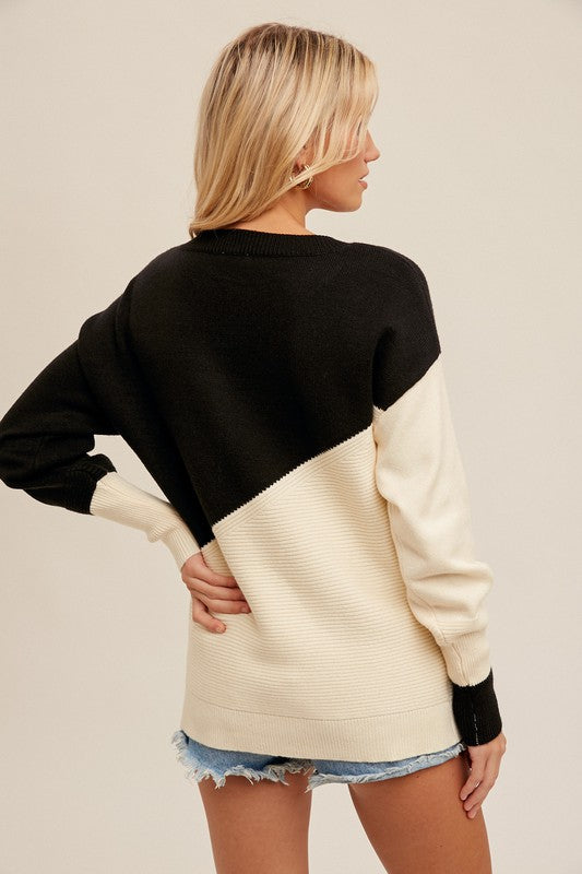 Chic Colorblock Knit Sweater – Black & Cream