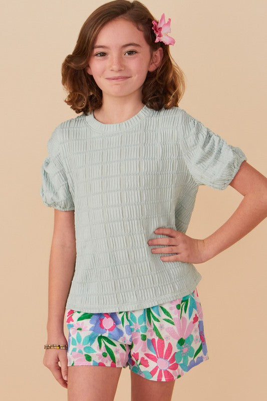 Girls Textured Gathered Sleeve Stretch Knit Top