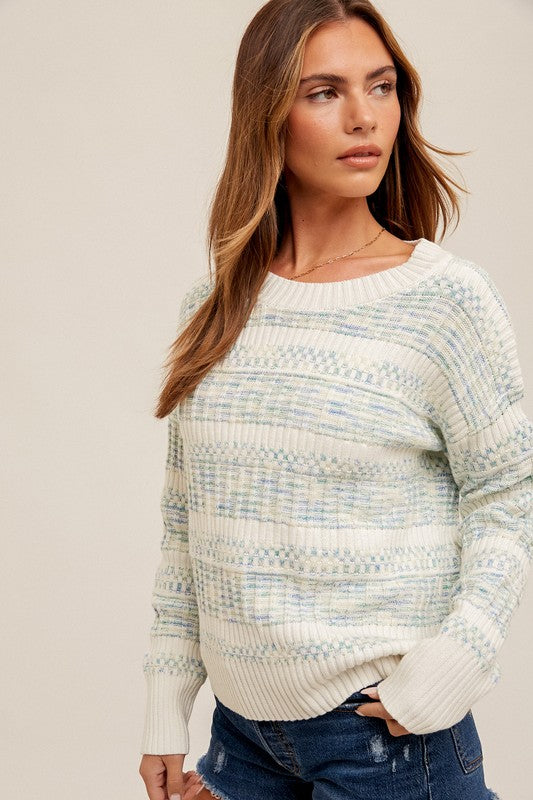 Blue and White Cozy Striped Knit Sweater