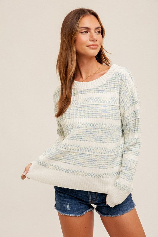 Blue and White Cozy Striped Knit Sweater