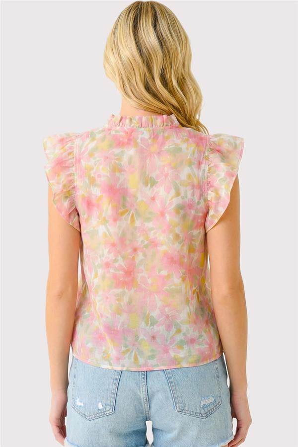 Coral Floral Frilled Split Neck Ruffle Sleeve Top